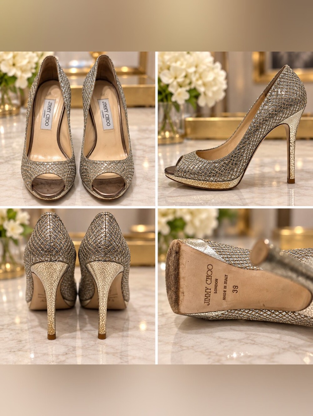 Jimmy Choo Metallic Gold Glitter Peep-Toe Heels – Size 39 (8.5)